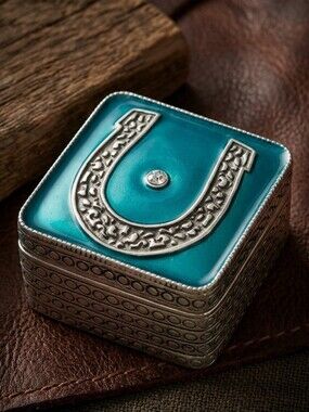 🍀 Lucky Brand Horseshoe Trinket Box – Teal Enamel & Silver Tone Boho🍀